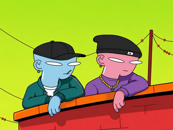 An animated illustration showing two blue and pink humanoid characters wearing black caps and casual clothing, leaning against a red brick wall with a bright green background.