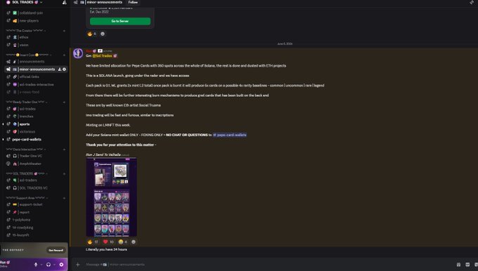 The image shows a close-up view of a computer screen displaying a text message or email from someone named "@TheSocialTrauma" who is participating in a live stream event. The post highlights an anime-related event with a list of "pepe cards" that are being shared by the host, who seems to be passionate about anime and its elements. The audience's attention is focused on the presentation details, including the types and quantities of these cards, indicating their interest in this particular aspect of anime culture.