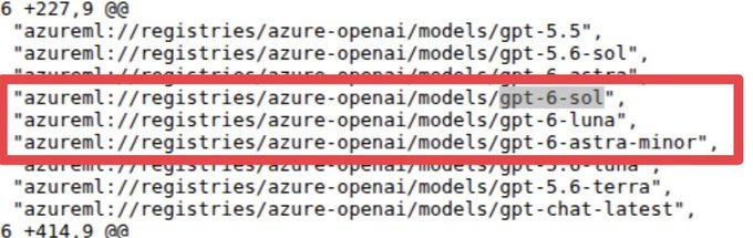 A code snippet showing Azure OpenAI model registry URLs, with a red box highlighting gpt-6-sol, gpt-6-luna, and gpt-6-astra-minor models.