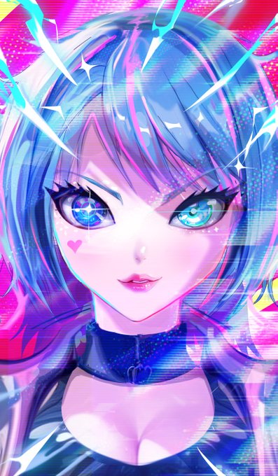 Vibrant anime-style digital illustration of a girl with blue hair and large blue eyes surrounded by glowing energy effects.