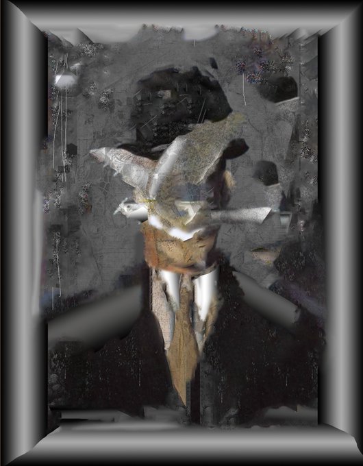 A framed, abstract, and heavily textured grayscale portrait of a figure with metallic or crystalline accents.