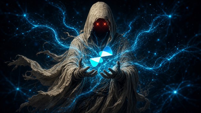A digital artwork featuring a hooded figure with glowing red eyes manipulating glowing blue energy strands emanating from a crystalline object between their hands.