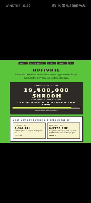 A mobile webpage screenshot with a green background displaying an 'ACTIVATE' page for '88SHROOM', showing a balance of 19,400,000 and upcoming stakes in ETH and GME.