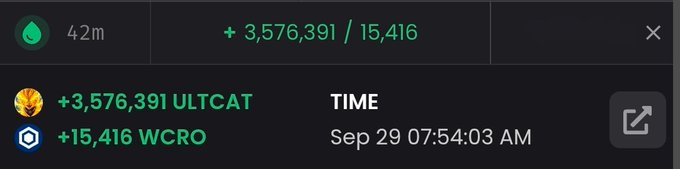 A dark-themed cryptocurrency or financial dashboard displays '+3,576,391 / 15,416' with tokens 'ULTCAT' and 'WCRO' alongside a timestamp of 'Sep 29 07:54:03 AM' and a '42m' timer.
