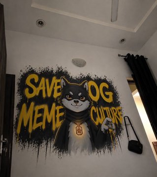 A wall mural featuring a Shiba Inu dog wearing a hoodie with a Bitcoin logo, accompanied by the yellow graffiti-style text 'SAVE DOG MEME CULTURE'.