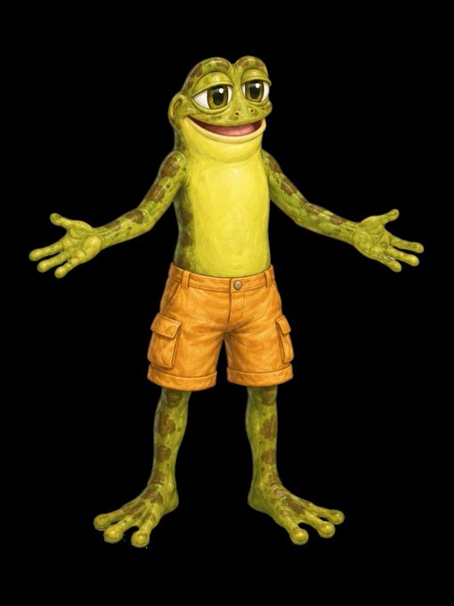 A 3D rendering of an anthropomorphic frog character wearing orange cargo shorts, standing with arms outstretched against a black background.