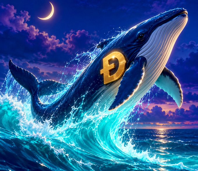 A majestic humpback whale leaps from a wave beneath a crescent moon, its body marked with the Dogecoin "Ð" symbol, visually representing the massive $DOGE accumulation of over 545 million coins in just 24 hours by crypto whales.