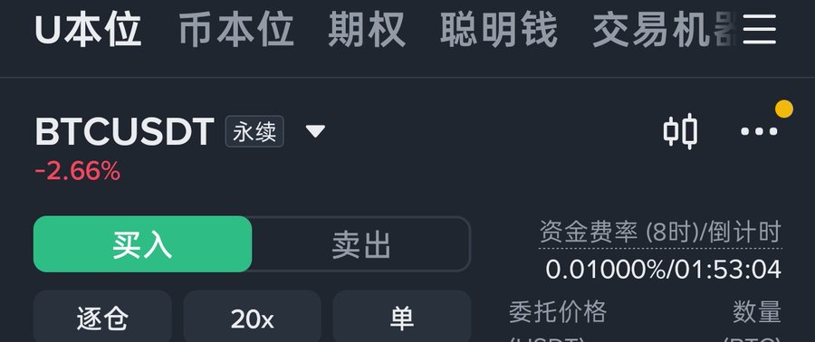 A cryptocurrency trading interface showing BTCUSDT perpetual contract down -2.66%, with a notably low funding rate of 0.01000% and about 1:53:04 until the next funding. The image illustrates the post's point about unusually low funding rates, which combined with rising open interest suggests bearish market sentiment and potential losses for long position holders.