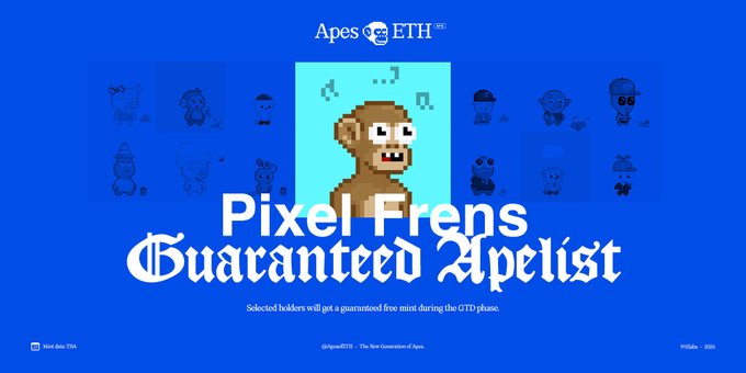 The image features a blue banner with white text that reads "Pixel Frens! @PixelFrensEth by @PixelPena Are you holding Pixel Frens? We've allocated 200 GTD Apelist spots for the top Pixel Frens holders!". The image is related to the post because it showcases an advertisement for a pixel frens game, which is a type of video game.