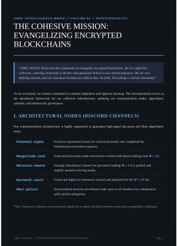 The image is a page from a "GMIC Intelligence Brief, Volume 4 - Sustainability" titled "The Cohesive Mission: Evangelizing Encrypted Blockchains," discussing how GMIC 2020 aims to promote encrypted blockchains and outlining architectural nodes including channel-alpha, megabit-l1vm chain, mission-sweitz, fairbank-vault, and fleet-police, which aligns with Seismic Syst's mission of promoting privacy-focused encrypted blockchain technology.