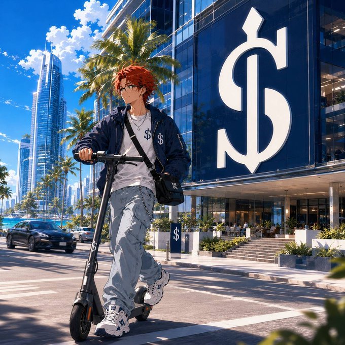 An anime-style character with red hair and glasses rides an electric scooter on a city street, with a large dollar sign on a modern building in the background.