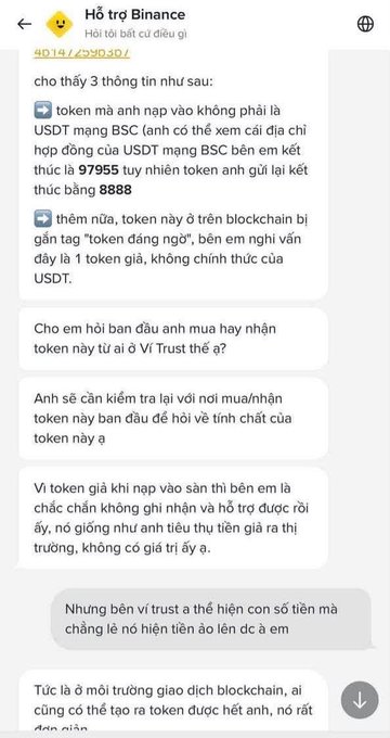 Vietnamese Binance support chat conversation warning about a token not being real USDT on BSC, showing a fake contract address '97955' and flagged as 'token đáng ngờ' (suspicious token).