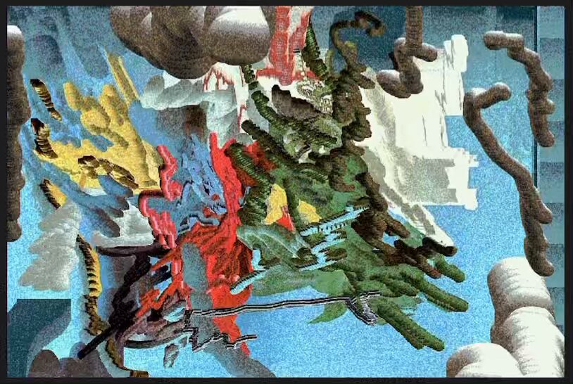 The image features an abstract painting with various colors, including red, green, blue, yellow, white, black, and gray. The artwork appears to be a digital piece that has been edited or manipulated using a computer program. It is displayed on a canvas, which adds depth and dimension to the overall composition. The painting seems to depict a chaotic scene filled with different elements, such as trees, buildings, and other objects. The artist's use of color and texture creates an interesting visual experience for viewers.