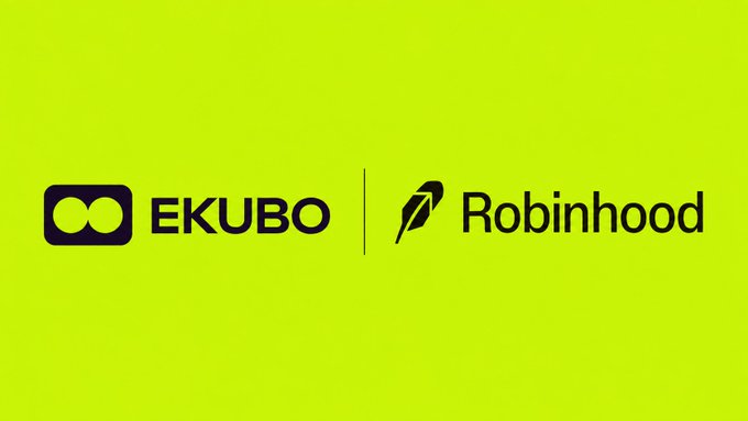 A bold green graphic showcases the logos of "EKUBO" and "Robinhood" separated by a vertical line, announcing Ekubo Protocol's launch of its MetaDEX extension exclusively on the Robinhood Chain.