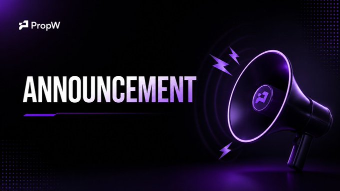A digital banner with the 'PropW' logo and the word 'ANNOUNCEMENT' in white and purple text, accompanied by a 3D illustration of a megaphone on a black background.