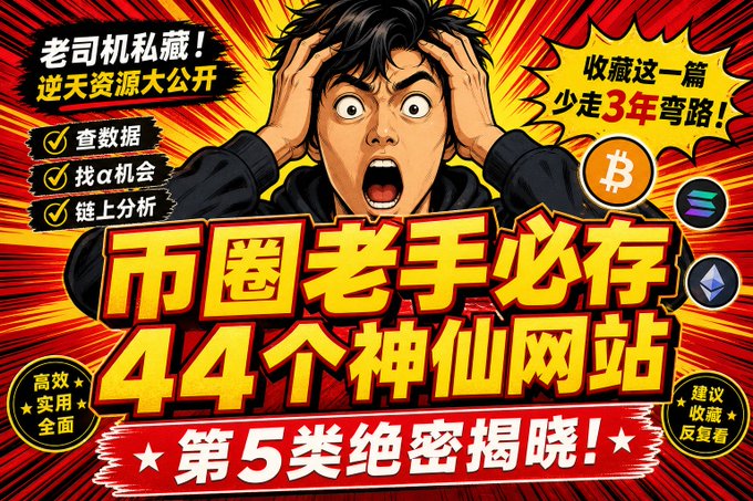A highly stylized, comic-book-like Chinese promotional poster features a shocked cartoon man with hands on his head, advertising '44 Must-Have Websites for Crypto Veterans' alongside Bitcoin, Solana, and Ethereum icons.