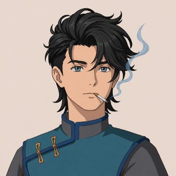 An anime-style illustration of a young man with messy black hair, blue eyes, and a cigarette dangling from his lips, wearing a blue and black traditional-style garment. The image serves as a stylized profile picture that visually represents the user's persona or identity referenced in the post.