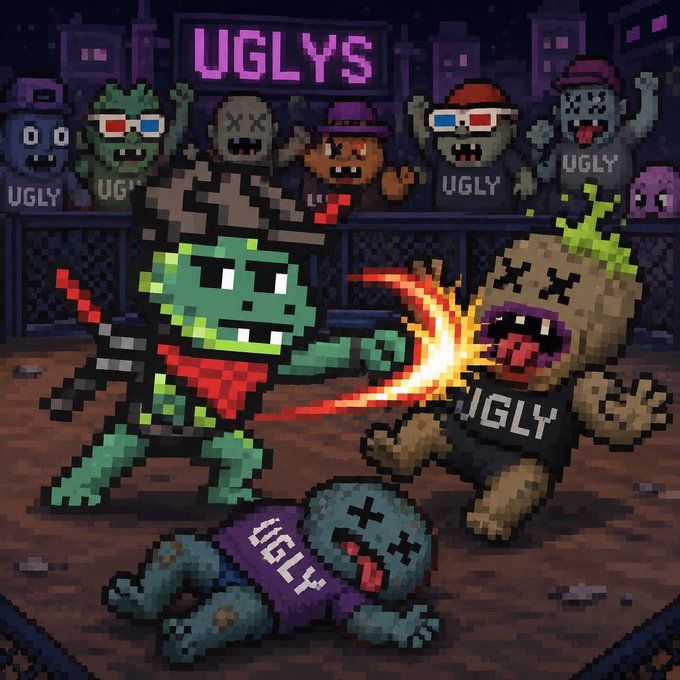 A pixel art illustration depicting a fighting game scene titled 'UGLYS,' where a green reptilian character with a bandana is delivering a fiery punch to a zombie-like opponent wearing an 'UGLY' shirt, with spectators cheering in the background.