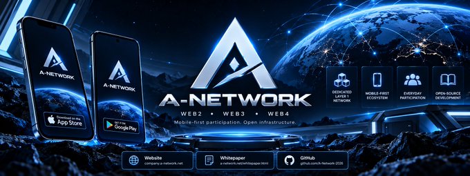 Promotional banner for 'A-NETWORK' displaying 'WEB2 • WEB3 • WEB4' and 'Mobile-first participation. Open infrastructure.' with images of mobile phones, App Store and Google Play badges, and a globe backdrop.