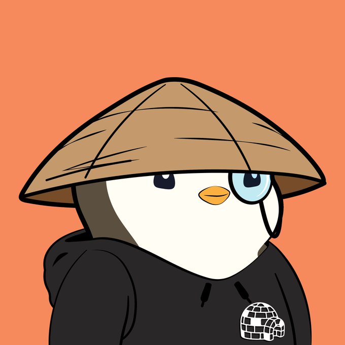 A cartoon illustration shows a penguin character wearing a black hoodie and a traditional Asian conical hat, with a monocle over one eye, set against an orange background.