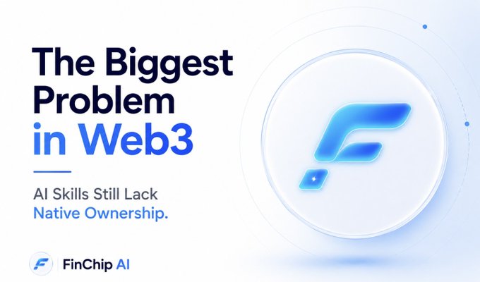 Marketing graphic titled 'The Biggest Problem in Web3' by FinChip AI, stating 'AI Skills Still Lack Native Ownership,' featuring a stylized blue 'F' logo with a small icon on a white circular background.