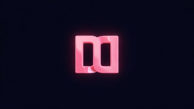 A glowing pink 3D logo featuring two connected rectangular shapes against a dark background.