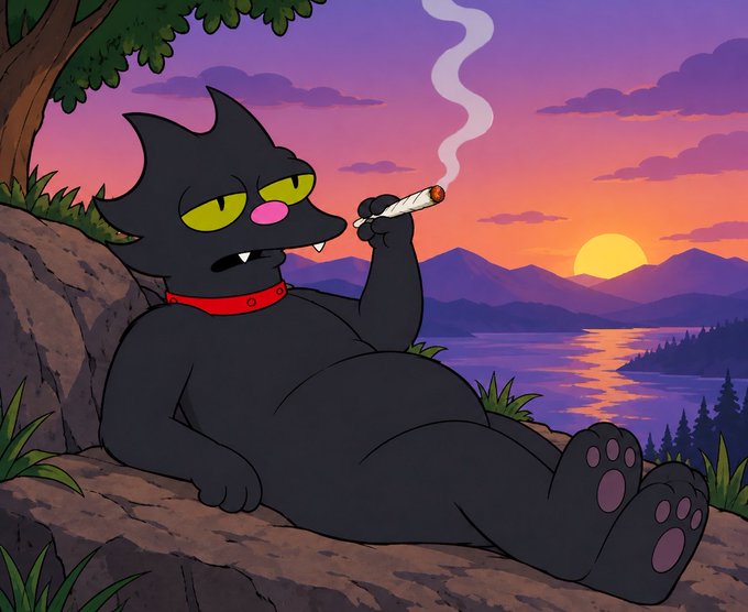 An animated black cat with green eyes and a red collar lounges on a rocky cliff while smoking a lit cigarette, set against a vibrant sunset over mountains and water.