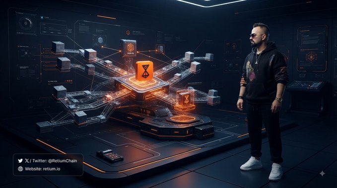 A digital illustration of a person standing next to a futuristic orange-lit interface displaying network connections and an hourglass symbol, with text including 'X / Twitter: @RetumChain' and 'Website: retum.io'.