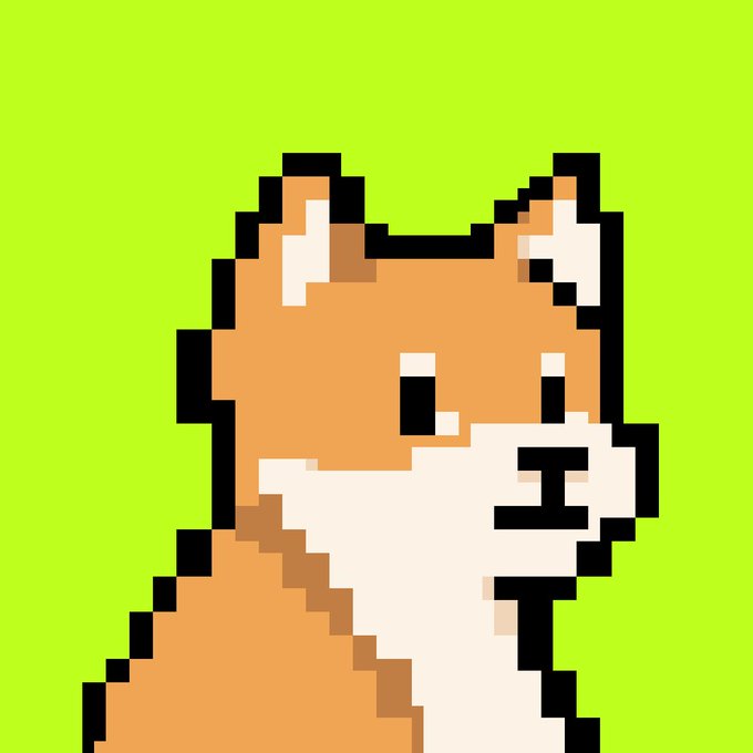 Pixel art illustration of a cute orange and white Shiba Inu dog against a bright green background.