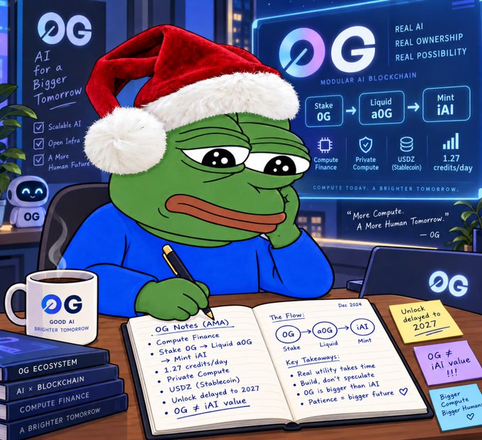 A Pepe the Frog meme wearing a Santa hat, taking notes about "OG," a modular AI blockchain project, including details like "Compute Finance," "Mint iAI," "1.27 credits/day," and "Unlock delayed to 2027."