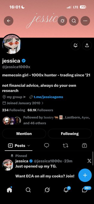 A Twitter/X profile page for 'jessica' (@jessica1000x) describing herself as 'memecoin girl - 1000x hunter - trading since '21' with 68.1K followers.