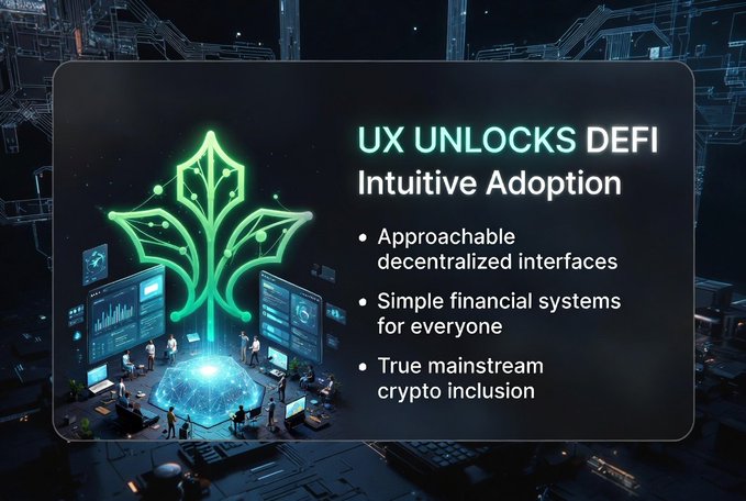 A futuristic digital interface displays a glowing green plant icon alongside the text "UX UNLOCKS DEFI: Intuitive Adoption," with bullet points emphasizing approachable decentralized interfaces, simple financial systems for everyone, and true mainstream crypto inclusion. The image visually reinforces the post's message by symbolizing how user-friendly design can grow DeFi from a niche technology into a thriving, widely-accessible ecosystem.