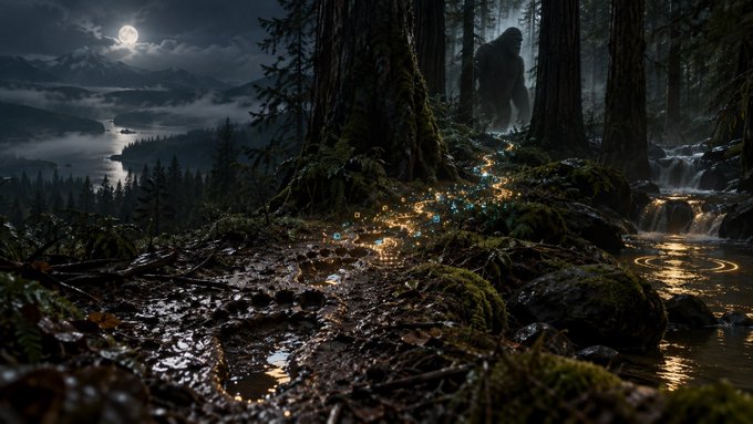 A moonlit forest scene features a large shadowy figure resembling Bigfoot standing among redwood trees, with bioluminescent lights glowing along a stream.