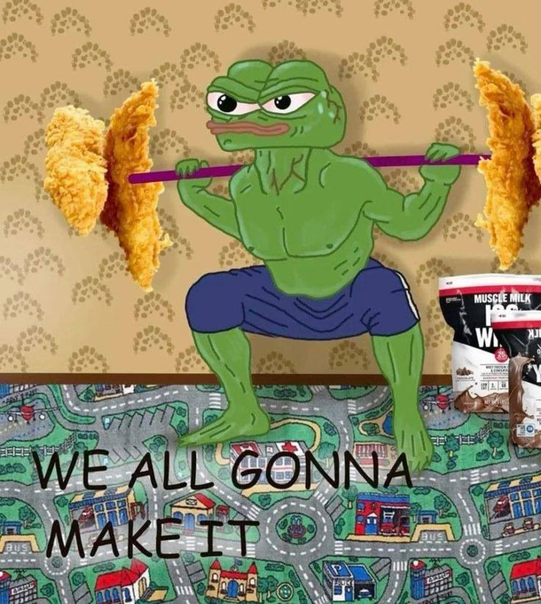 A Pepe the Frog meme standing on a playmat while lifting a barbell made of fried chicken tenders, with the text 'WE ALL GONNA MAKE IT' and 'Muscle Milk' containers in the background.
