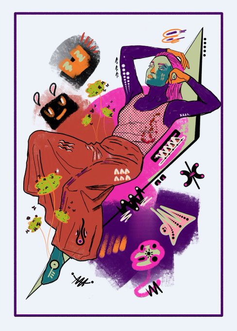 A colorful, stylized digital illustration depicts a figure in a purple top and orange pants lounging against a pink and green geometric shape, surrounded by abstract floral and organic elements.