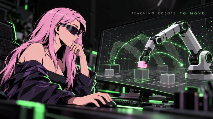 A pink-haired woman in dark sunglasses analyzes a robotic arm's movement data on her screen, with the text "TEACHING ROBOTS TO MOVE" displayed above. The image visually represents the challenge described in the post—training robots to grasp objects requires collecting movement and contact data across various scenarios, which is the core mission of Axis.