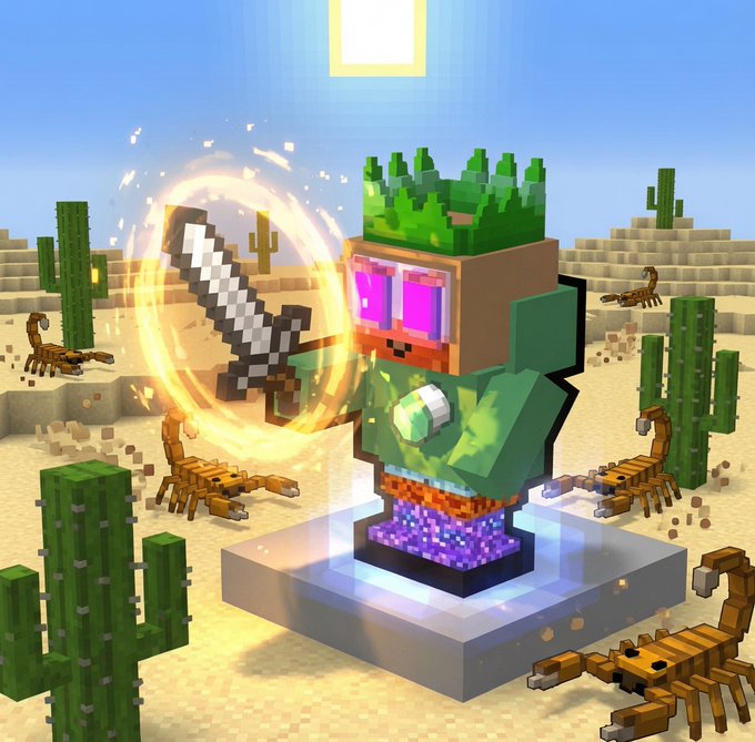 A pixelated character wearing a green cactus-like hat, purple goggles, and a gemstone chest piece stands in a desert with scorpions and cacti, wielding a glowing sword with magical energy.