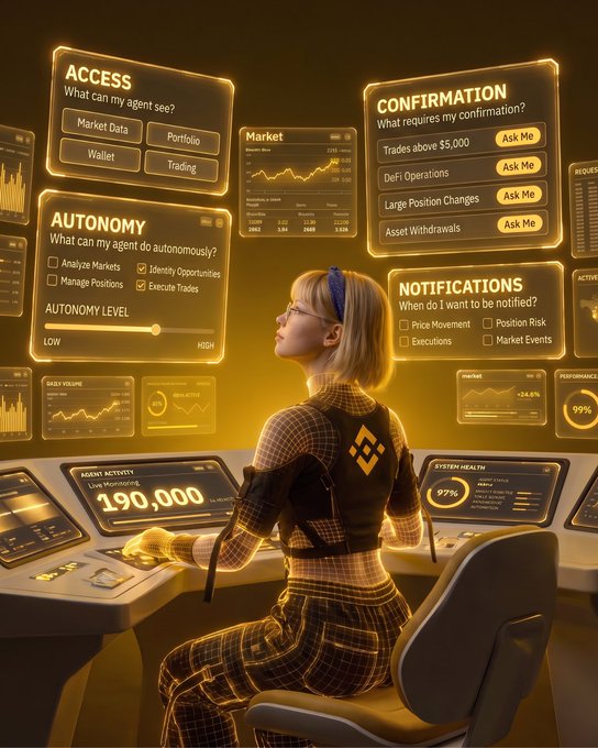 A blonde user wearing glasses sits at a glowing command console reviewing Binance Agent OS settings, with floating panels displaying **Access** (Market Data, Portfolio, Wallet, Trading), **Autonomy Level**, **Confirmation** thresholds (Trades above $5,000, DeFi Operations, Large Position Changes, Asset Withdrawals), and **Notifications**—visually reinforcing the post's message of customizable agent permissions like approval requirements for large trades.