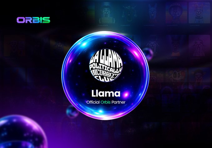 A promotional graphic featuring the 'ORBIS' logo and a glowing bubble containing the 'Llama' logo labeled as 'Official Orbis Partner,' with the tagline 'IN A GAME POLITICALLY INCORRECT CLUB' displayed against a dark purple background.