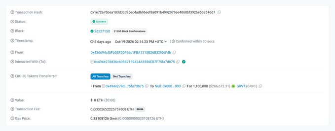 A blockchain transaction details page shows a successful “Status,” “21/85 Block Confirmations,” “ERC-20 Tokens Transferred,” and a line indicating “GRVT” with a value shown as “0 ETH ($0.00).”