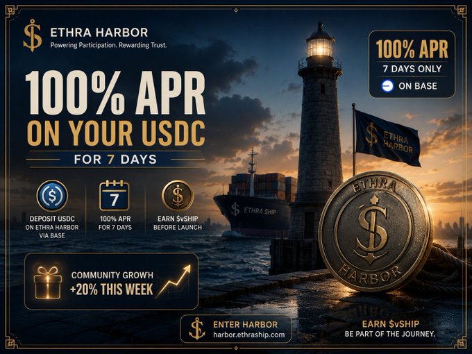 A promotional banner for "ETHRA HARBOR" advertises 100% APR on USDC deposits for 7 days on Base, featuring a lighthouse and ship imagery with text like "DEPOSIT USDC ON ETHRA HARBOR VIA BASE," "EARN $VSHIP BEFORE LAUNCH," and "COMMUNITY GROWTH +20% THIS WEEK," aligning with the post's emphasis on the 7-day campaign and its role as the participation layer of the $SHIP ecosystem.