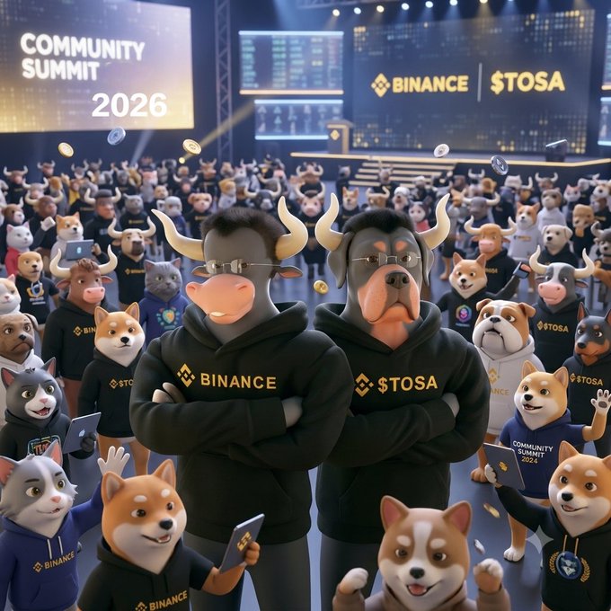 AI-generated illustration depicting a Binance and $TOSA Community Summit 2026, showing anthropomorphic bull and dog mascots wearing branded hoodies standing in front of a large crowd of various animal characters holding tablets.