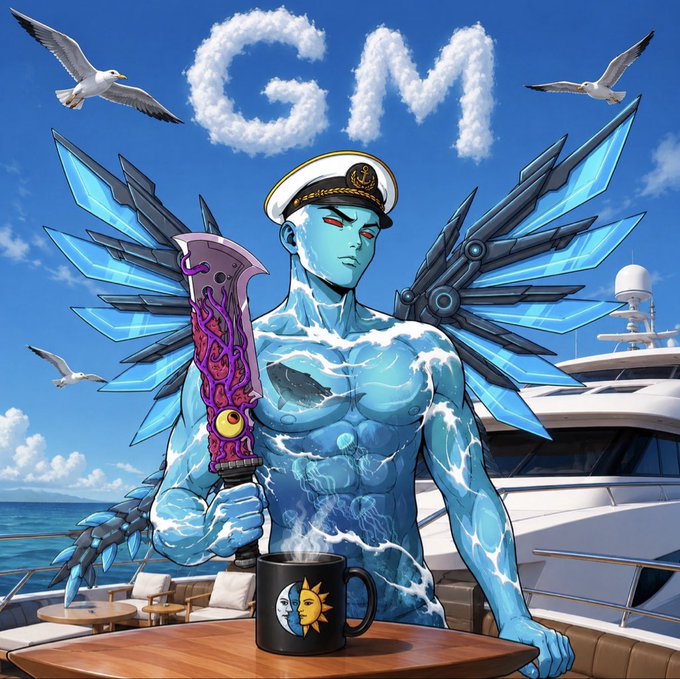 Anime-style digital art of a blue, crystalline winged figure in a sailor hat holding a purple sword, with 'GM' written in clouds, seagulls, a yacht, and a sun-and-moon mug in the scene.