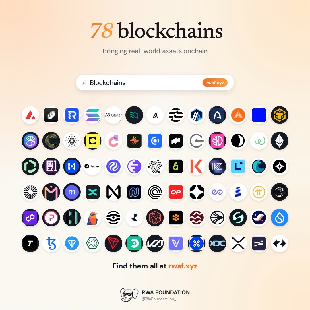 A grid showcasing logos of 78 blockchains including Stellar, Hedera, and Kinto, under the heading "78 blockchains – Bringing real-world assets onchain," with a search bar directing users to rwaf.xyz to find them all.