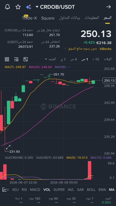 The image shows a Binance chart for the CRDOB/USDT pair on the "bStocks" tokenized stock section, priced at 250.13 USDT with a +5.42% gain (216.38), displaying 15-minute candles from Aug 7-8, 2026, with moving averages MA(7) at 249.97 and MA(25) at 248.64. While the accompanying post analyzes $SPCXB/USDT, this chart instead features a different tokenized stock (CRDOB) on Binance's 24/7 bStocks platform, illustrating the same type of tokenized stock trading format that the post highlights.