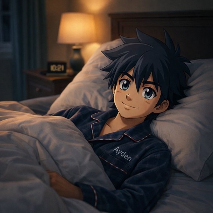 The image features a young boy wearing pajamas, lying in bed with his eyes closed while smiling at the camera. The background of the photo shows a nightstand next to the bed that has an alarm clock on top of it. There is also a lamp present in the scene.