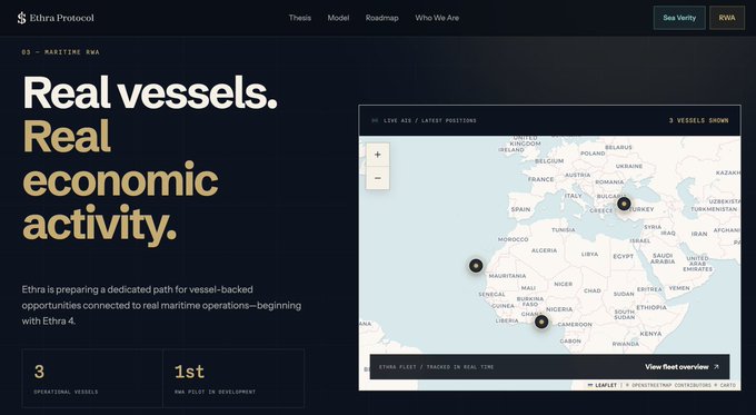 A screenshot from Ethra Protocol's website displays the heading "Real vessels. Real economic activity." alongside a map tracking 3 operational vessels, with text stating "Ethra is preparing a dedicated path for vessel-backed opportunities connected to real maritime operations—beginning with Ethra 4" and noting "1st RWA PILOT IN DEVELOPMENT." The image visually supports the post's claim that the 3 currently running vessels are not tokenized or linked to the $SHIP token, highlighting the disconnect between the existing maritime operations and the actual RWA product offering.