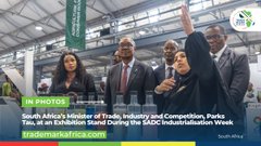 The image shows South Africa's Minister of Trade, Industry and Competition, Parks Tau, at an SADC Industrialization Week event alongside female participants, with a caption confirming his role. This aligns with the post's focus on advancing IOTA through digitization and stablecoins, as the minister's participation highlights the political and industrial backing needed to drive such technological and financial innovations forward.