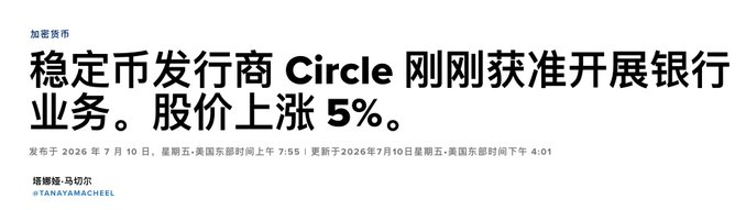 The image shows a Chinese-language news headline announcing that stablecoin issuer Circle has just received approval to conduct banking operations, causing its stock price (CRCL) to rise 5%, with a publication date of July 10, 2026, from Tan Yama Channel. This directly supports the post's narrative, confirming that Circle received regulatory approval from the U.S. Office of the Comptroller of the Currency, which aligns with the comparison to "Haili Hercules" and counters the earlier OUSD alliance claims that Circle lacked a competitive moat.