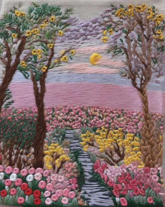 An embroidered landscape artwork featuring a yellow moon, two trees framing a pink and blue sky, and a vibrant field of pink and yellow flowers along a pathway.